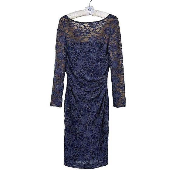 Lauren Ralph Lauren Blue Long Sleeve Stretch Lace Dress with Sequins Size 6 - Picture 2 of 9